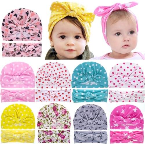 2Pcs Rabbit Ear Baby Girl Hat Headband Set Cute Bow Baby Turban Toddler Kids Hat Caps Soft Elastic Girl Bonnet Cap Kids Headwear