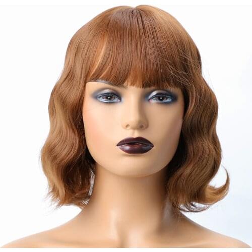 Brown Unicorn Ombre Green Short Wavy Bob Synthetic Wigs with Bangs Women Shoulder Length Cosplay Hair Wig Heat Resistant Fiber