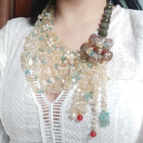 Lii Ji Real Gemstone Statement Necklace Citrine Pearl Labradorite Agate Flowers Tassels Handmade Necklace 55cm Women Jewelry