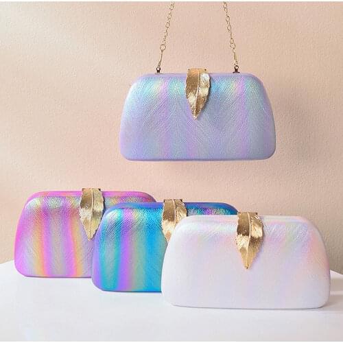 Fashion Women Evening Bag Color Gradient Leaf Buckle Lady Wedding Bridalmaid Handbags Purse Bag Money Clutch Shoulder Bag Chain