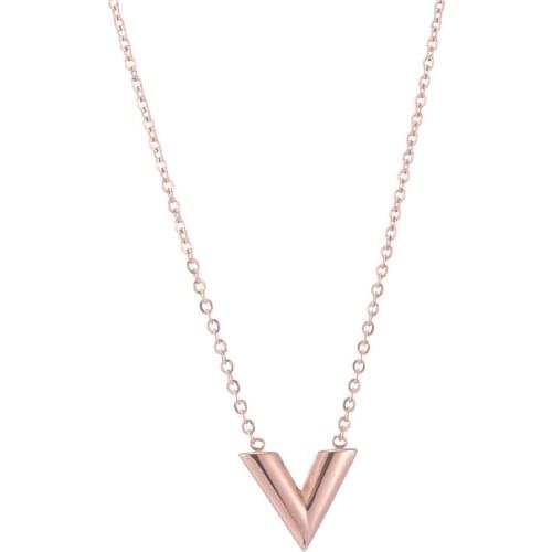 Fashion V Letter Shape Pendant Necklace 316L Stainless Steel Rose Gold Silver Color Link Chain For Women Men Necklace Jewelry