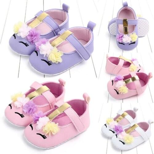 Baby Girls Non-slip Soft Sole Flower Unicorn Shoes First Walkers PU Leather Shoes 0-18M
