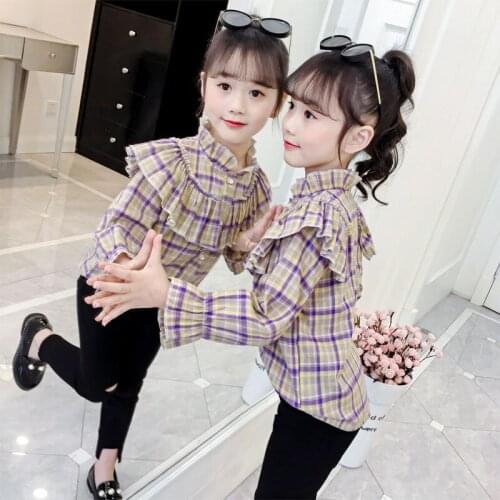 2019 Korean New Baby Girl Plaid Shirt Toddler Outwear Childrens Ruffle Blouse for Big Girls Baby Floral Cotton Shirts Girl Tees