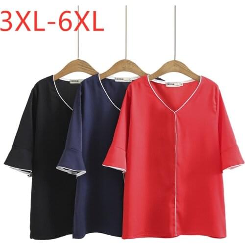 New 2021 Ladies Summer Plus Size Tops For Women Large Blouse Short Sleeve Loose Casual Chiffon Red V-neck Shirt 3XL 4XL 5XL 6XL