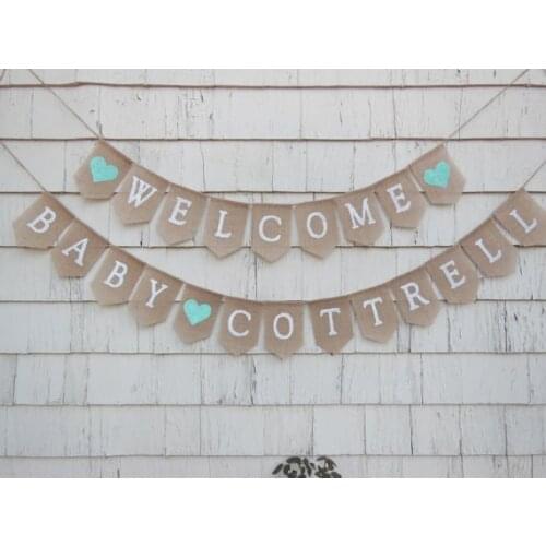 Personalized name Gender Neutral baby shower burlap Banners birthday wedding Vow Renewal sign party Buntings garlands Photo Prop