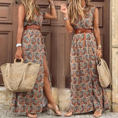 Summer Sexy Elegant Woman Deep Boho V Dress Neck Sleeveless Paisley Print with Belt Large Hem Long Dresses Party Beach Street