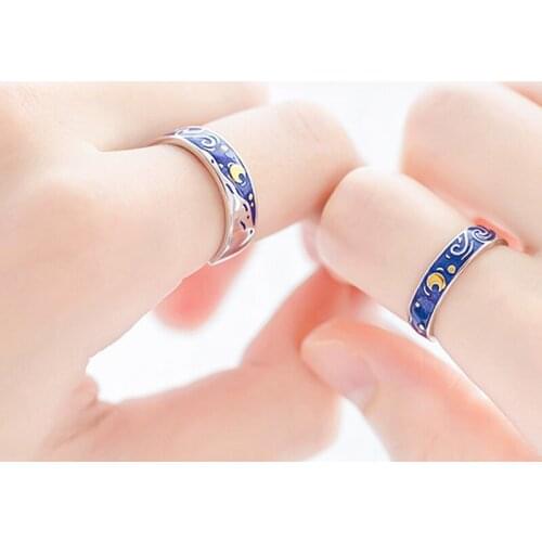 Silver Color Van Gogh Starry Sky Couple Ring Blue Adjustable Lover Rings For Women Men Valentines Gift Jewelry