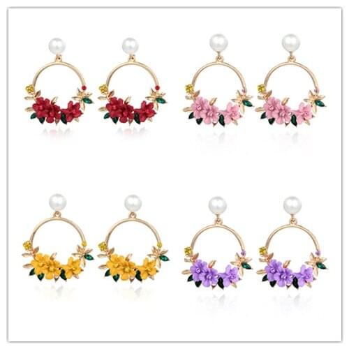 Korean Style Flower Hoop Earrings For Women Golden Color Round Circle Crystal Earrings Gift For Wedding Jewelry