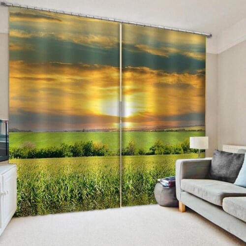 Custom gold nature scenery curtains Drapes Living room Bedroom Decor 2 Panels HooksWindow Curtains