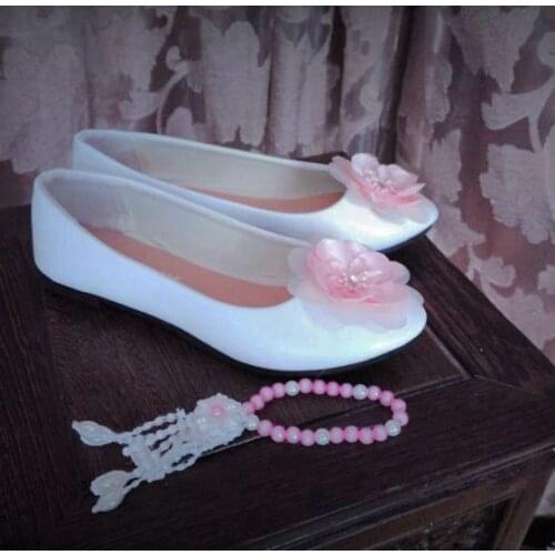 Sweet baby pink flats shoes woman white shoes with the baby pink flower wedding shoes flat heel plus sizes bridesmaid bride shoe