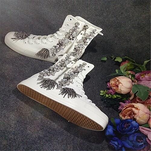 Heavy industry rhinestone beaded inner heightening canvas shoes super high Roman straps platform shoes white shoes