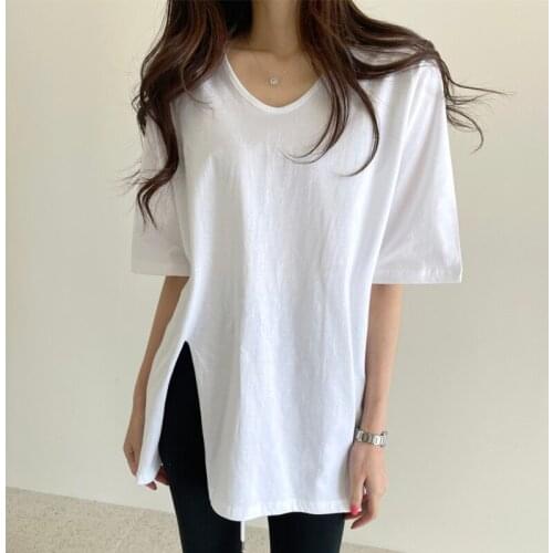 New 2021 Women Summer T-shirt Bottoming Basic Soild Fashion Minimalist Split Wild Tees Female Gothic Clothes White Oversize Tops