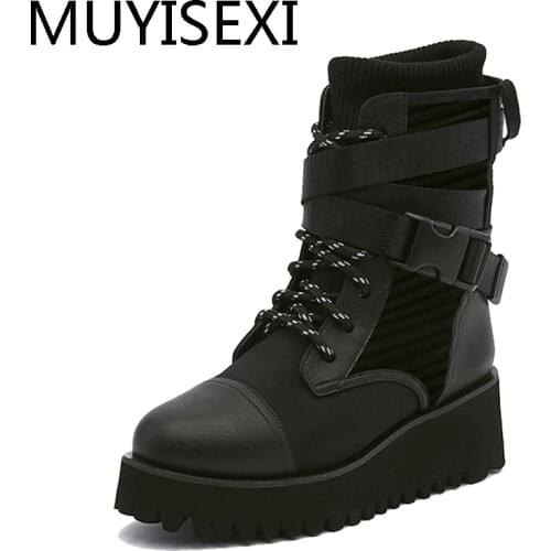 Flat platform genuine leather 5cm med heels round toe punk motorcycle boots women ankle boots black HL174 MUYISEXI