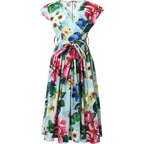 Women Summer Fashion Casual Customize Plus Size 3XS-10XL Retro Vintage Peony Flower Printing Long V Neck High Waist A Line Dress