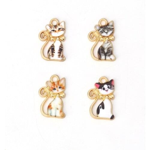 Zinc Based Alloy Charms Pendant Cat Animal Gold Orange Black White Colorful Enamel 21mm x 13mm For DIY Jewelry Making, 10 PCs