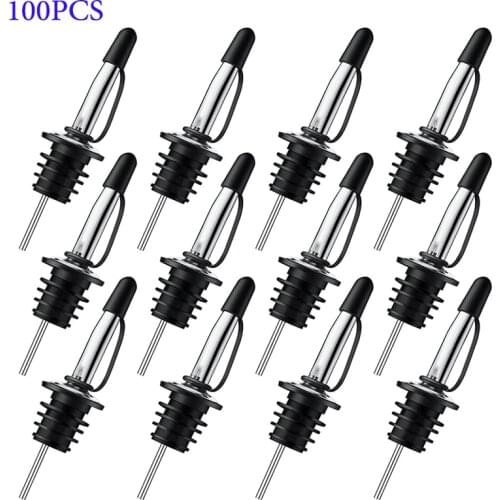 100 Pcs Stainless Steel Pourers, Olive Oil and Vinegar Tapered Stopper Spout, Liquor Pourers with Rubber Dust Caps