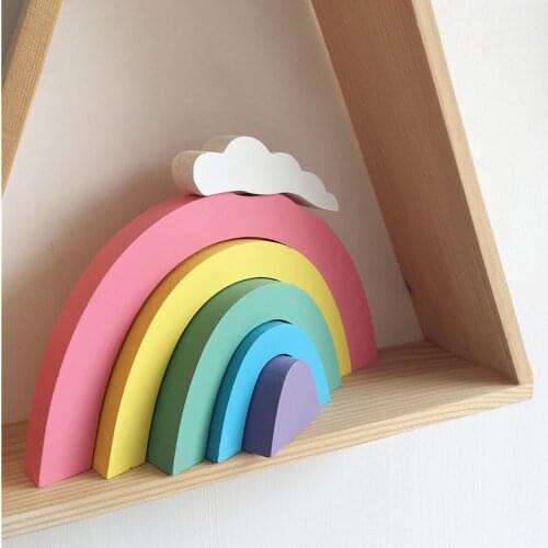 6pcs Set Kawaii Room Decor Wooden Rainbow Building Blocks Baby Toys Home Decoration Accessories For Bedroom Desk Decor Gifts