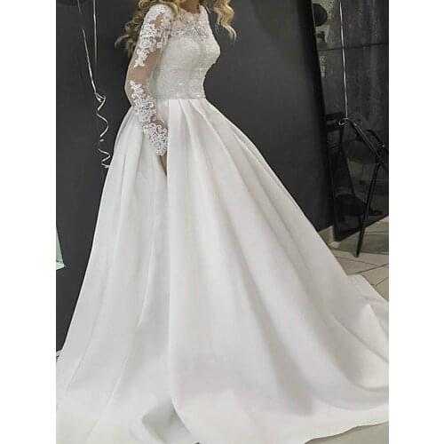 New ivory A-line wedding dress O-neck satin wedding dress elegant sweep train bridal dress lace wedding dress Vestidos De Novia