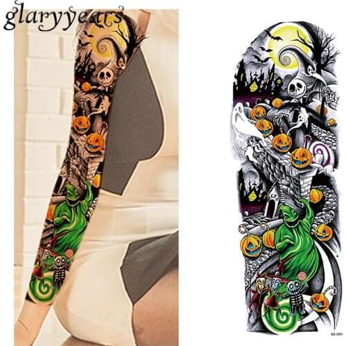 1 Piece Holloween Full Flower Arm Tattoo Sticker Temporary Water Transfer Pumpkin Ghost Unisex Sleeve Art Tattoo Sticker QB-3001