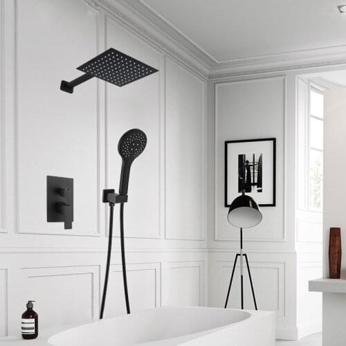 LANGYO Brass Black Bath Shower Faucets 8-16"Rain Shower Head Bathroom Shower Set Diverter Mixer Valve Shower System Wall Mounted