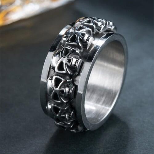 EyeYoYo Vintage Rotatable Skull Mens Ring Skeleton Stainless Steel Spinner Rings Punk Finger Male Jewelry