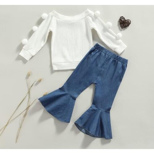 FOCUSNORM 0-4Y 2pcs Fashion Kids Girls Autumn Clothes Sets Solid Balls Long Sleeve Pullover Tops Denim Flare Pants