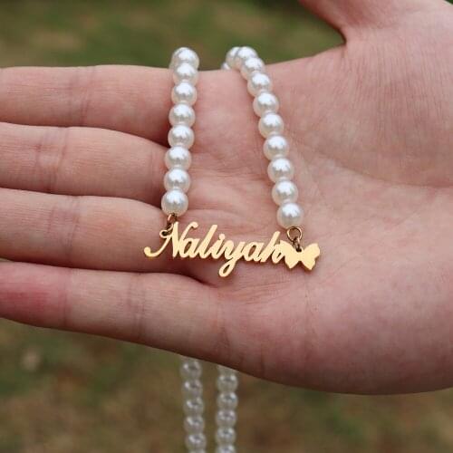 Custom Necklace Butterfly Name Pearl Choker Personalized Stainless Steel Nameplate Pendant Necklace Women Girls Birthday Gift