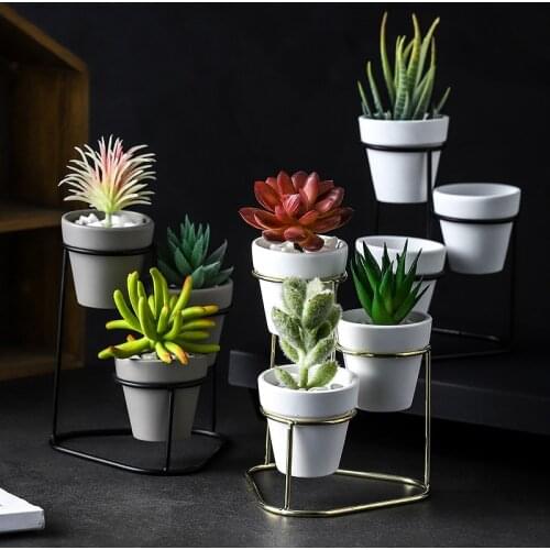 3 in 1 Pottery Planters Modern Small Flower Pots with Gold Black Metal Stands Decorative Tabletop Ornaments Home Decoration
