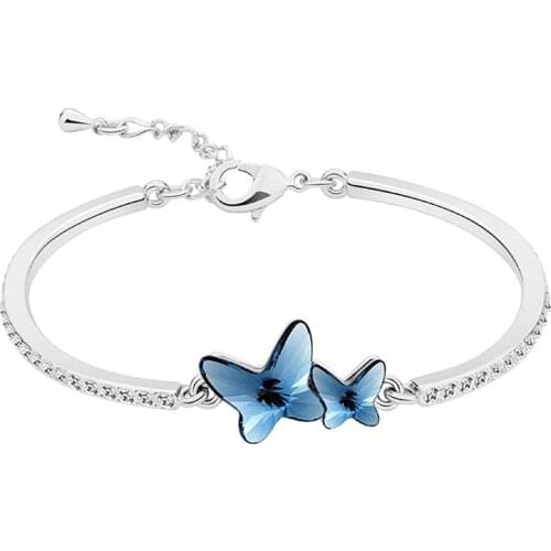 COCOM Double Blue Butterfly Bangles with Crystals from Austria Charm Bracelet Adjustable for Women Cute Jewelry Birthday Gift