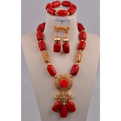 Red Natural Coral Bead Wedding Jewelry Nigeria Wedding Bride Wedding Dress Accessories African Ladies Jewelry Set AU-221