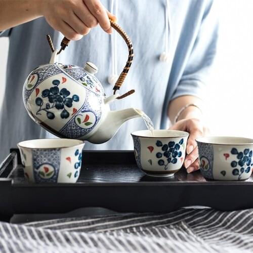 Flower tea ceremony set Japanese style one pot five cups teapot teacup wood tray ceramic household teaware afternoon tea