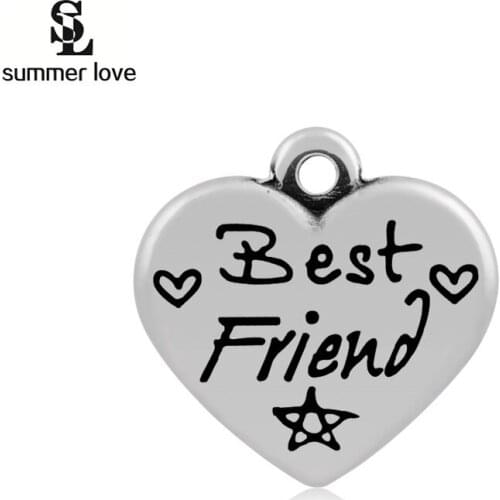 Carved Letter Heart Charm Word Best Friend Nana Mum Sister Stainless Steel Charm Pendant Fit Wire Bangle Gift Jewelry Making