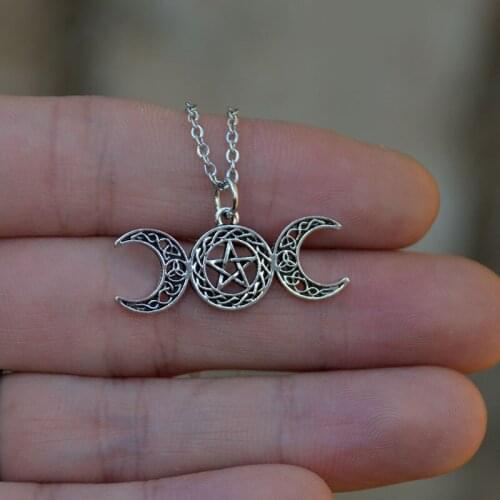 Witch Silver Pentagram Crescent Moon Pendant Necklace Pagan Gothic Party Jewelry Wiccan Craft