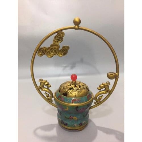 Chinese Pure Bronze Cloisonne Carved Double Dragon Censer Auspicious Clouds Incense Burner Statue Household Decoration