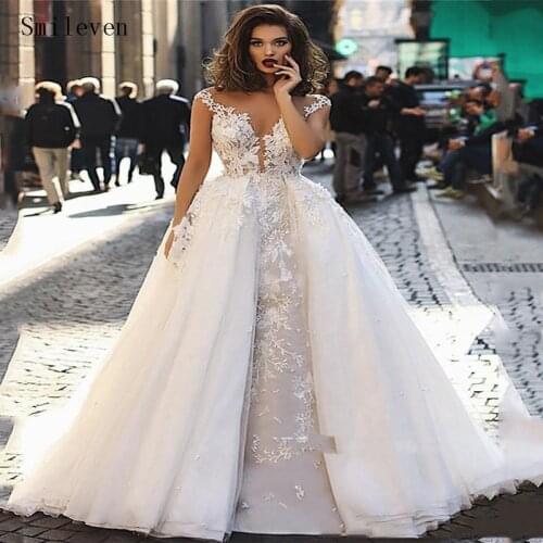 Smileven A Line Lace Wedding Dresses With Detachable Train Floral Appliqued Lace Bridal Gowns Tulle vestido de novia Plus size