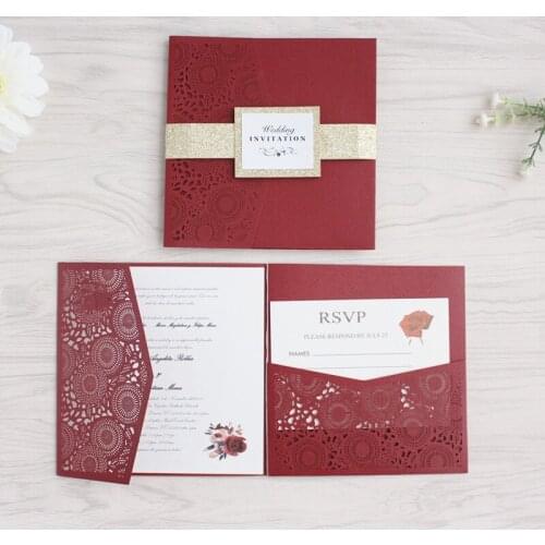 Burgundy flower laser cut wedding invitation with RSVP envelop glittery belly band tri-fold pocket invites free printing