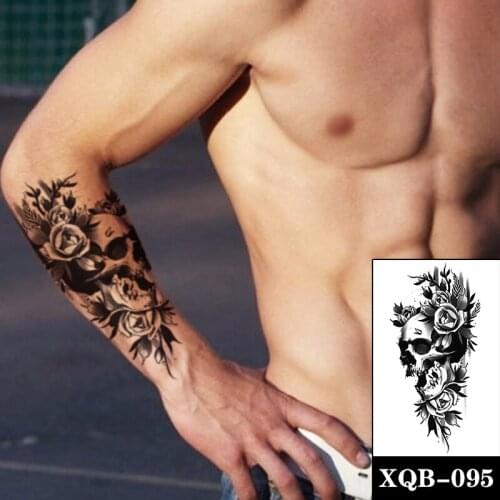 Waterproof Temporary Tattoo Sticker Black Rose Peony Flowers Skull Design Fake Tattoos Flash Tatoos Arm Body Art for Women Men