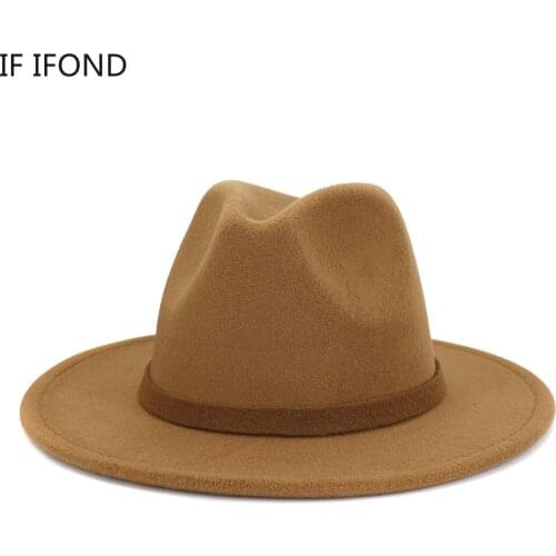 Women Solid Color Wool Felt Hat Autumn Winter Wide Brim Fedora Hat Panama Gamble Jazz Cap 60cm