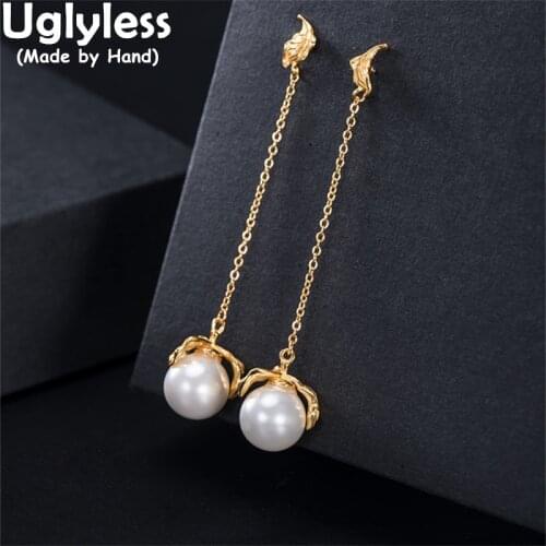 Uglyless Long Chains Fashion Earrings for Women Elegant Pearls Earrings 925 Sterling Silver Leaves Studs Earrings Gold Brincos