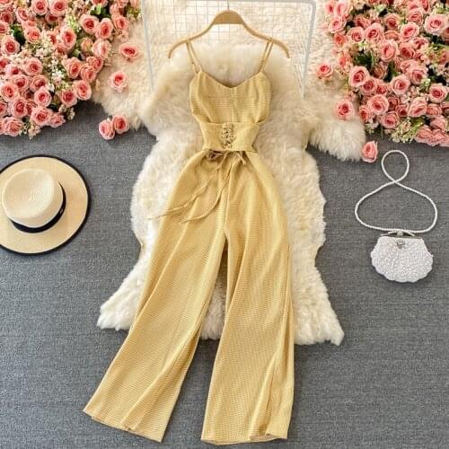 2021 New Summer Women Jumpsuit Sexy V-neck Spaghetti Strap Sleeveless Plaid Print Slim Waist Wide Leg Casual Female Rompers