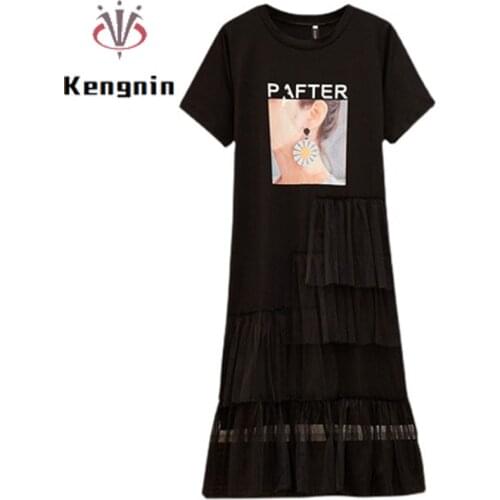 Oversized S- 4XL Dress Women 2021 Summer T-Shirts Dress Print Mesh Patshwork Designer Dress Lady Dresses Vestidos Cotton KE1352