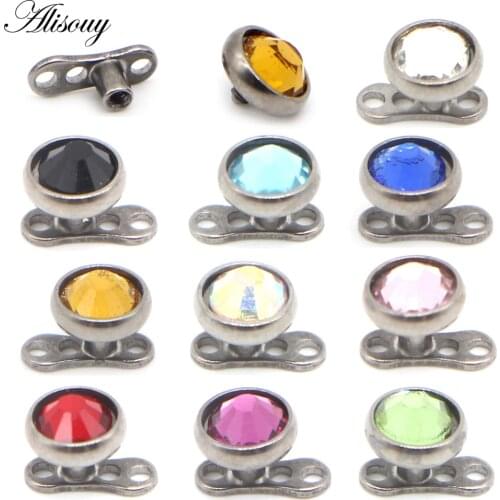 Alisouy 1 pc 16G Titanium or Steel Base Gem Head Micro Dermal Crystal Top Dermal Anchor Piercing Body Jewelry