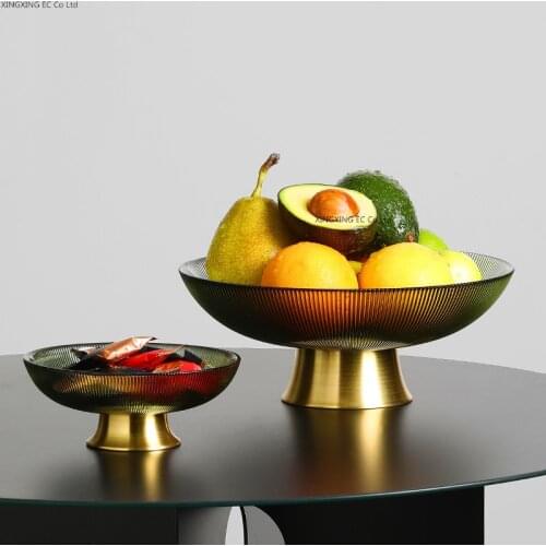 American High-quality Crystal Glass Fruit Plate Dessert Bowl Metal Base Storage Tray Modern Living Room Home Decoration Tray