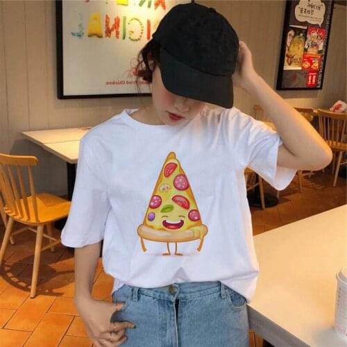 White Women T Shirt Cartoon Funny Pizza Print Harajuku 90S Girls Ulzzang Graphic Tshirt Female Clothing Summer Short Sleeve