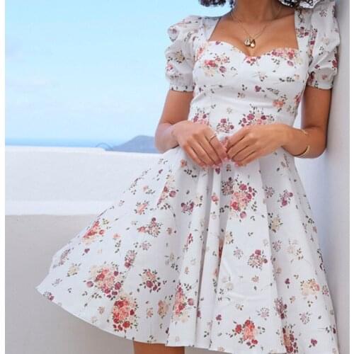 Bohemian Printed White Dress 2021 Bubble Sleeves Women Dresses Beach Casual Floral Dress Elegant Fashion Backless Party Dresses