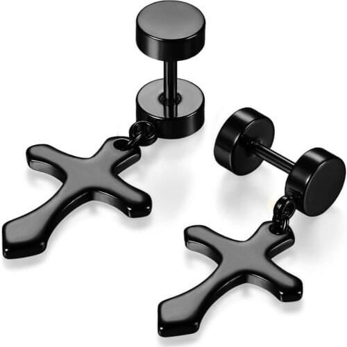 BONISKISS Punk Black Silver Color Cross Stainless Steel Earring For Men Women Gothic barbells Cross Earrings Jewelry Mujer Moda