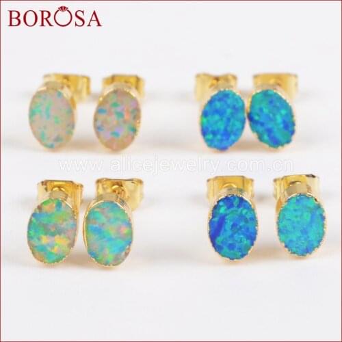 BOROSA 5Pairs New Stylish Gold Color Oval White and Blue Japanese Opal Stud Earrings Opal Earring for Women Druzy Jewelry G1420