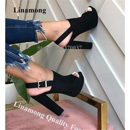 Linamong New Fashion Peep Toe High Platform Chunky Heel Sandals Suede Leather Ankle Strap Buckle Thick High Heel Sandals
