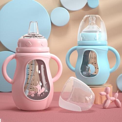 2-Piece Set of Anti-Fall Baby Bottle with Straws 150ml/240ml Baby Glass Bottle Drop-proof Newborn Child Drinking Cup with Straw