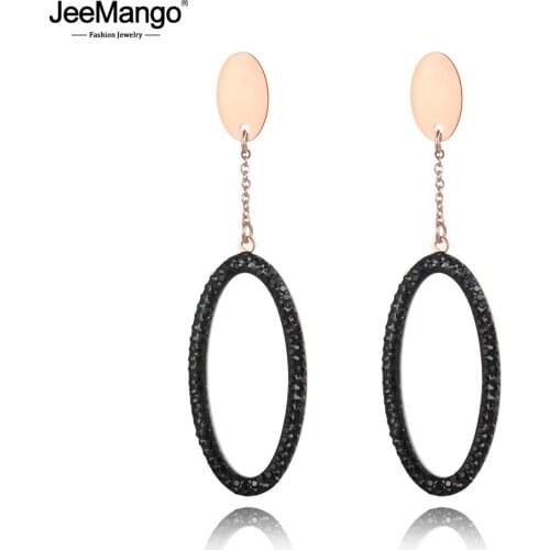 JeeMango Fashion Jewelry Rose Gold Color Stainless Steel Dangle Earrings Hang Clay White/Black Crystal Earring For Women JE18458